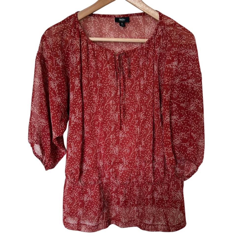 Mossimo Peasant Blouse Women S Red White Botanical Pintuck Sheer Excellent Top